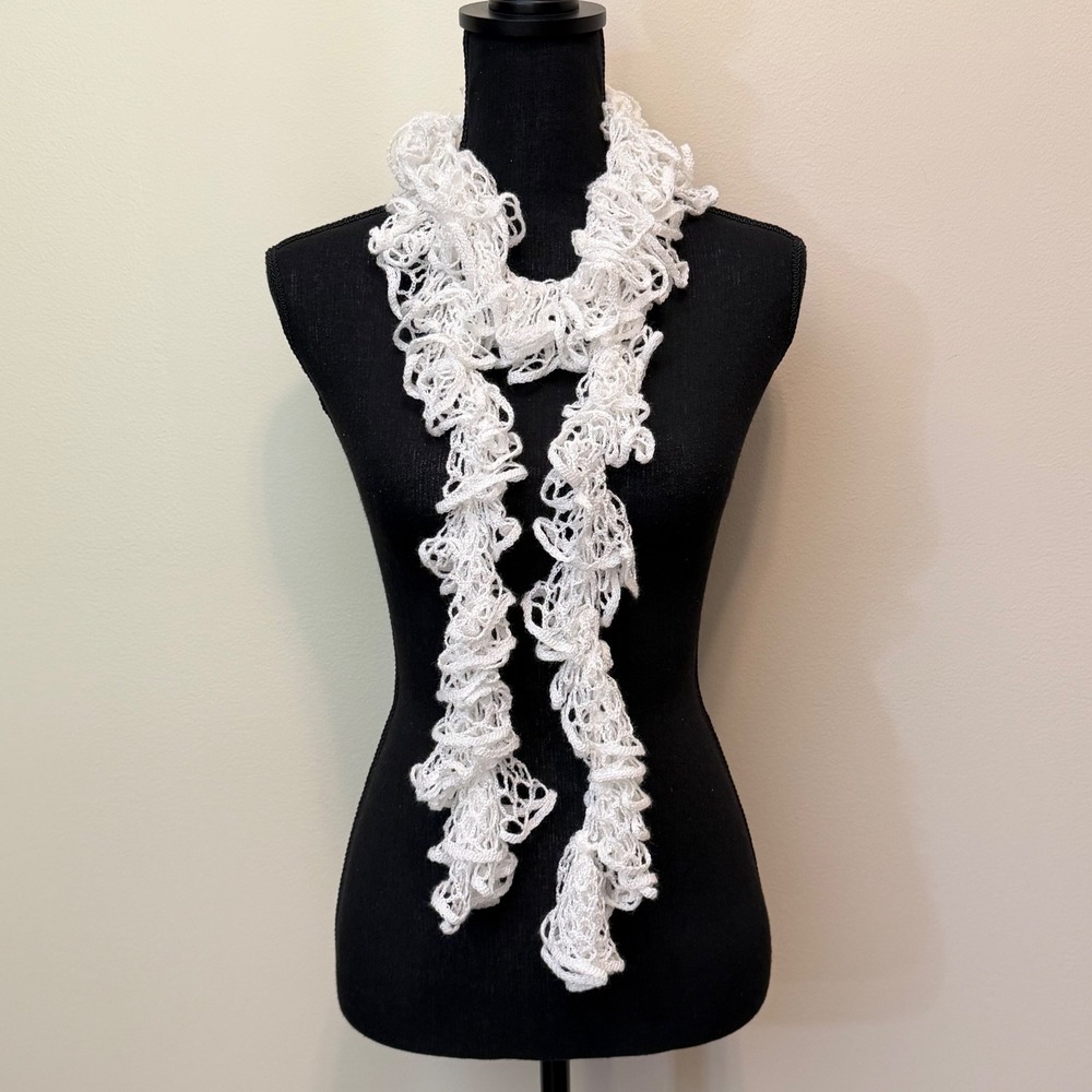 Handmade White Crochet Ruffle Scarf Mesh Open Weave Lightweight Lace Feminine